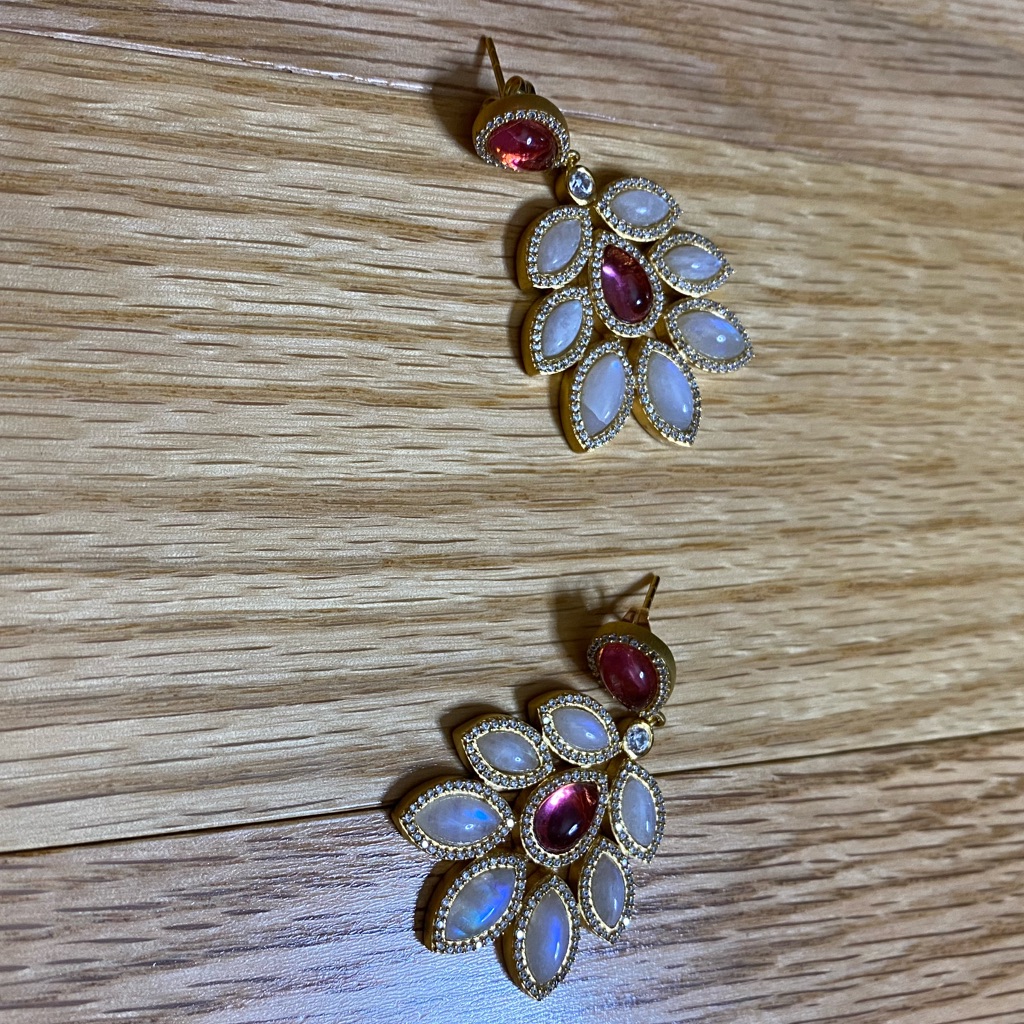 Brand New Hespera Marguerite Earrings- Gold With Moonstone/Pink Topaz.